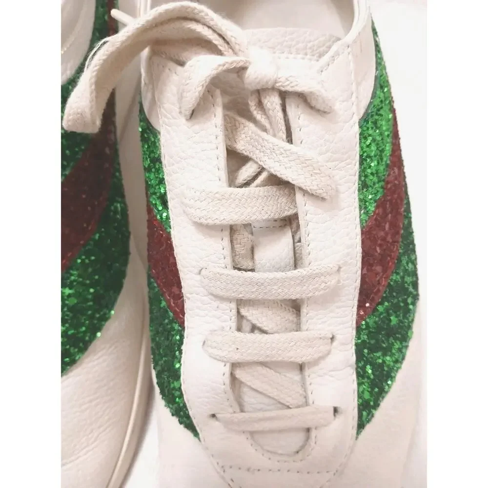 RARE Gucci Falacer Glitter Sneakers Men Sz 7 White Leather Green Red SPARKLE